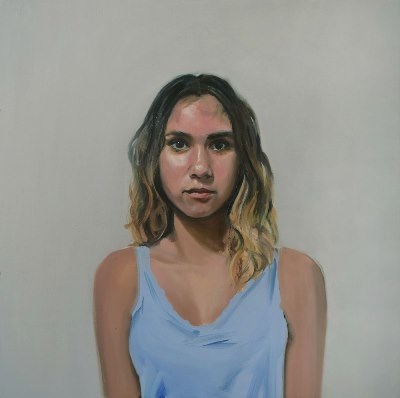 Portrait painting of a young girl wearing a blue top by Loribelle Spirovski