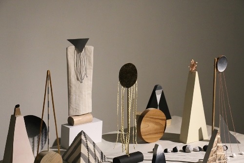Miniature panorama of white, gold, black and silver sculptures
