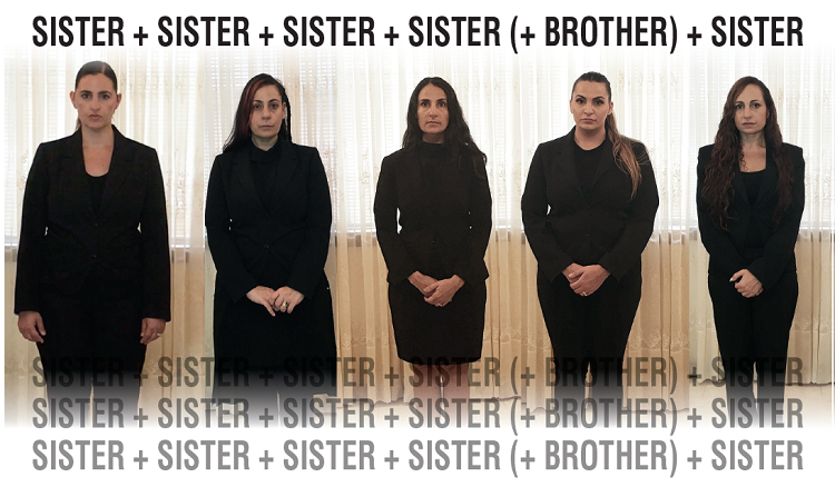 Photograph of five women dressed all in black, standing in a row staring towards the camera with the caption 'SISTER + SISTER + SISTER + SISTER (+ BROTHER) + SISTER'