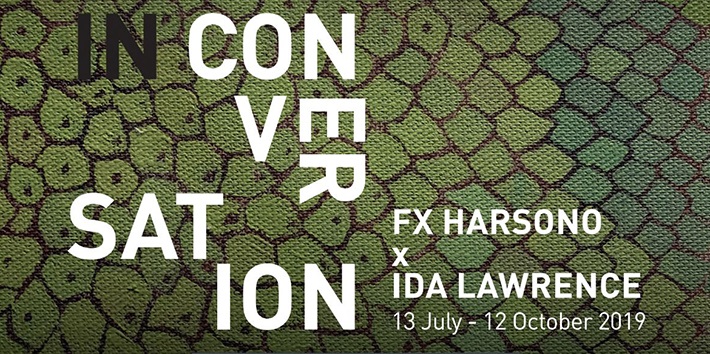 In Conversation promotional banner for exhibition featuring the work of FX Harsono and Ida Lawrence, 13 July - 12 October 2019