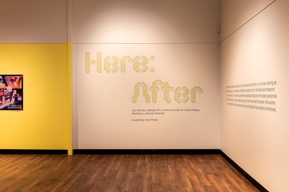 Installation view of Here After exhibition showing the graphic wall text