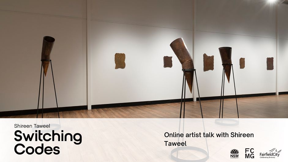 Switching Codes exhibition linking to the video of an online artist talk with Shireen Taweel