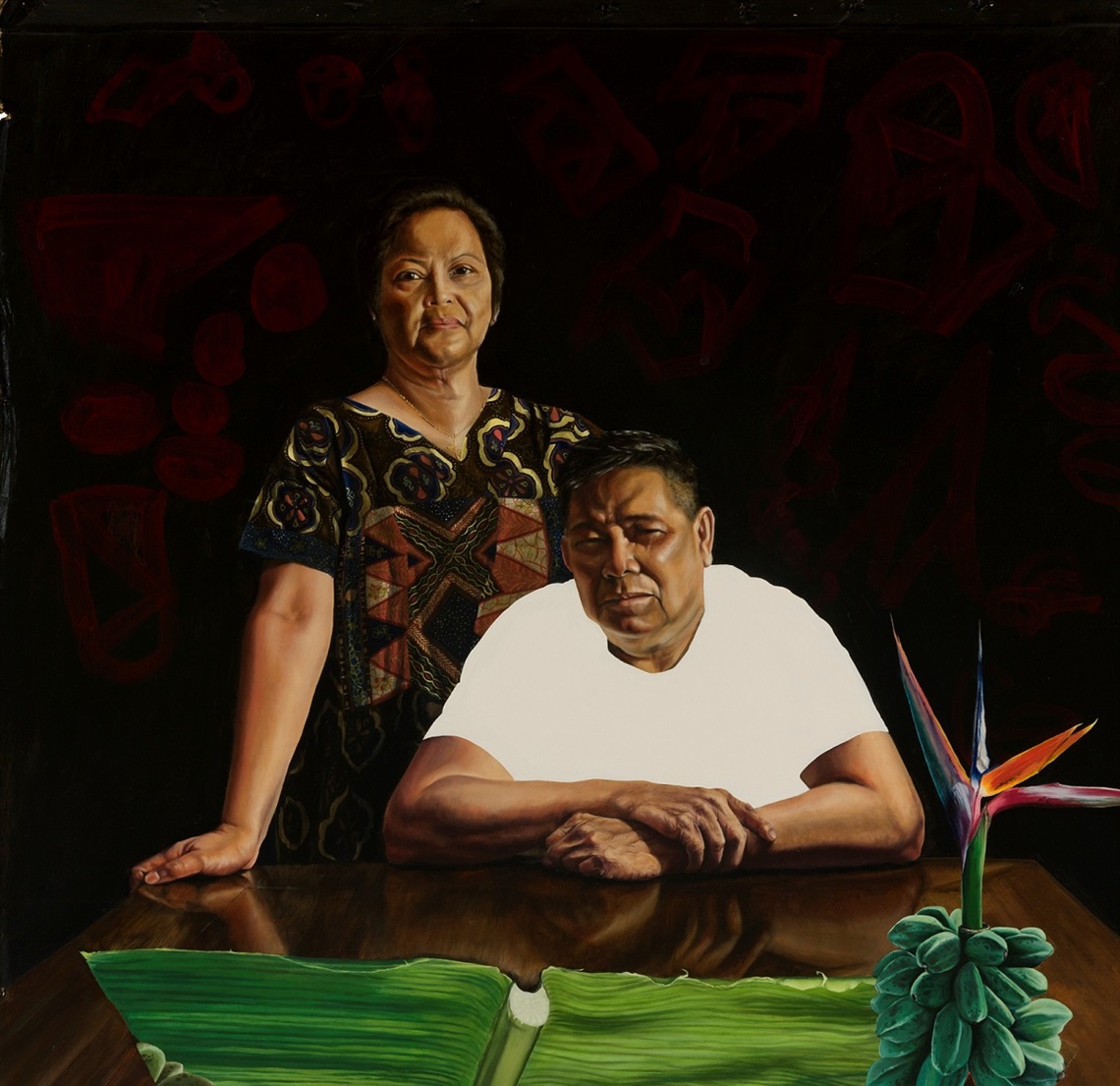 Paiting of two people behind a table. The woman is standing behind the man looking straight at the viewer. A bird of paradise flower is painted in the right lower corner next to a spread banana leaf. 
