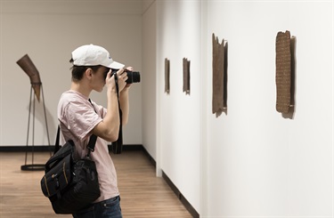 Young visitor with cap taking a photograph of copper artwork on the gallery wall