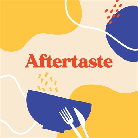 a tile with abstract shapes in blue, white and beige with the text Aftertaste