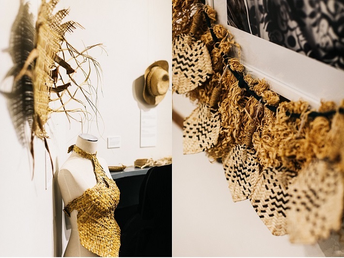 Square, halter top, hat and decorative garland weaved from different materials, on display for the KULi exhibition