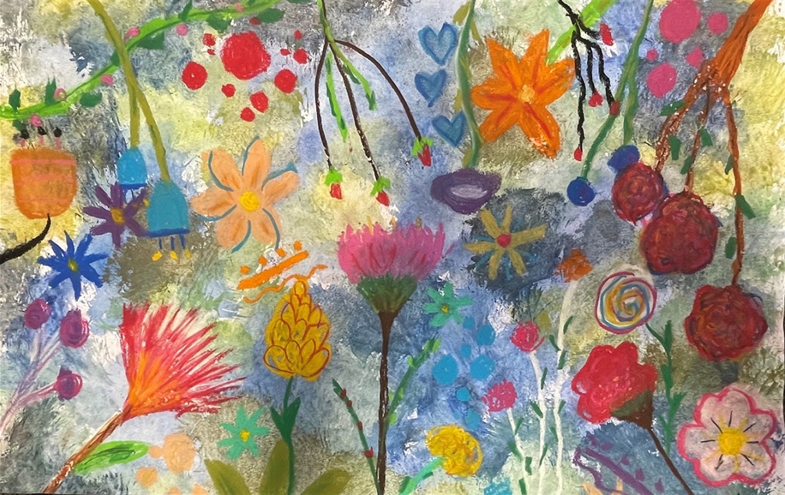 child's artwork with flowers